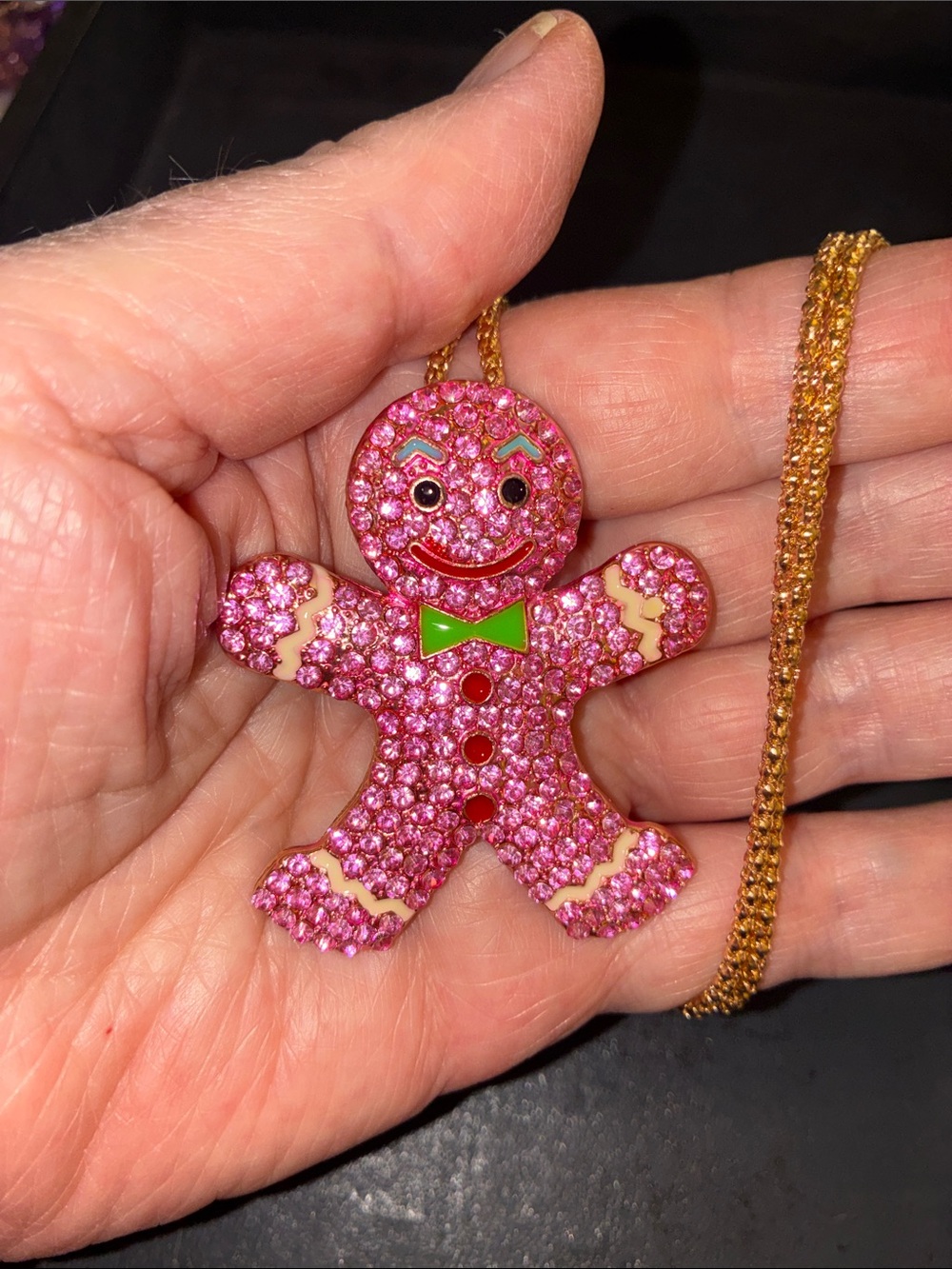 Pink Crystal Gingerbread Pendant Necklace. Kid friendly.